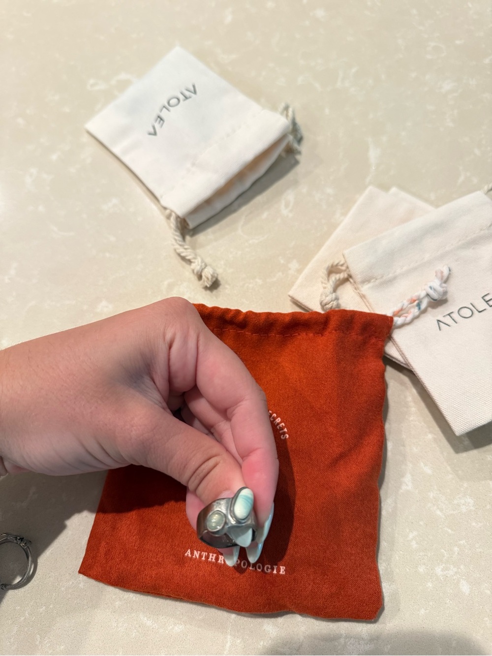 Anthropologie Small Drawstring Cosmetic Pouch - Rust Orange & Cream
